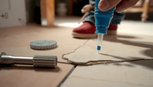 Step-by-step guide for repairing cracks in travertine floors with tools and materials.