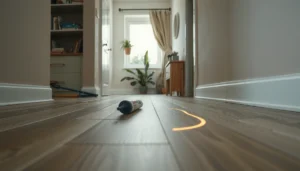 Step-by-step guide on fixing cracks in sheet vinyl floors with tools and materials.