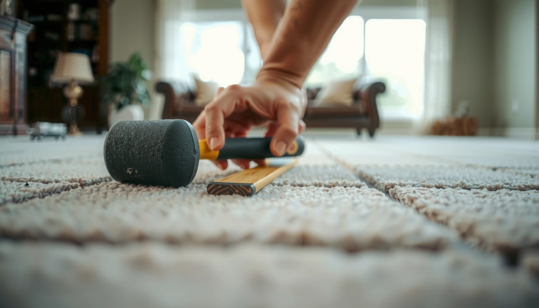 Step-by-step guide on fixing dents in carpet tiles with tools and techniques.