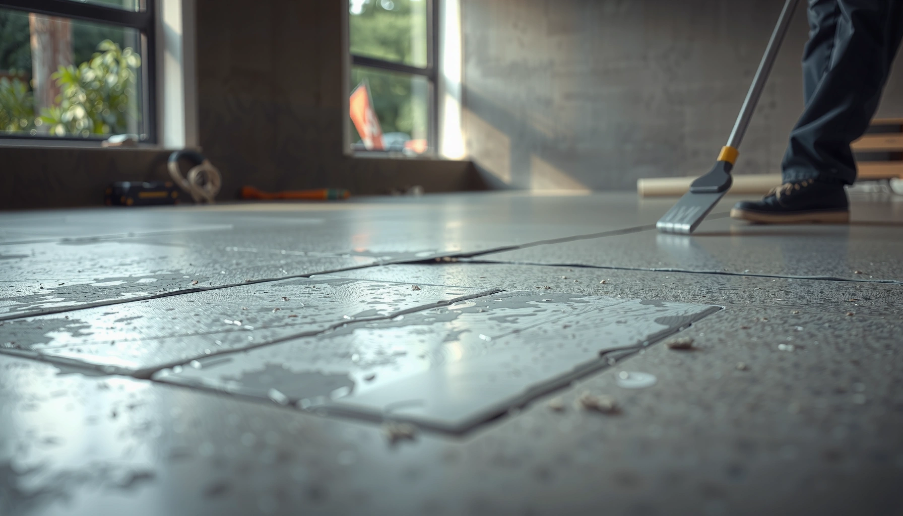 Step-by-step guide to fixing dents in polished concrete floors with tools and techniques.