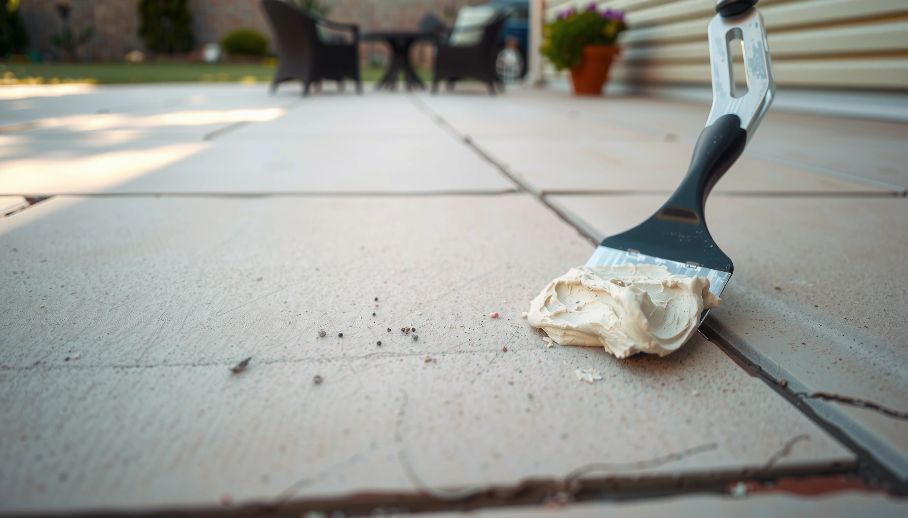 Step-by-step guide on how to fix dents in patio floors with tools and materials.