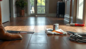 Step-by-step guide on fixing dents in vinyl floors with tools and materials needed.