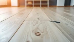 A person repairing dents in WPC flooring using tools and techniques for surface restoration.