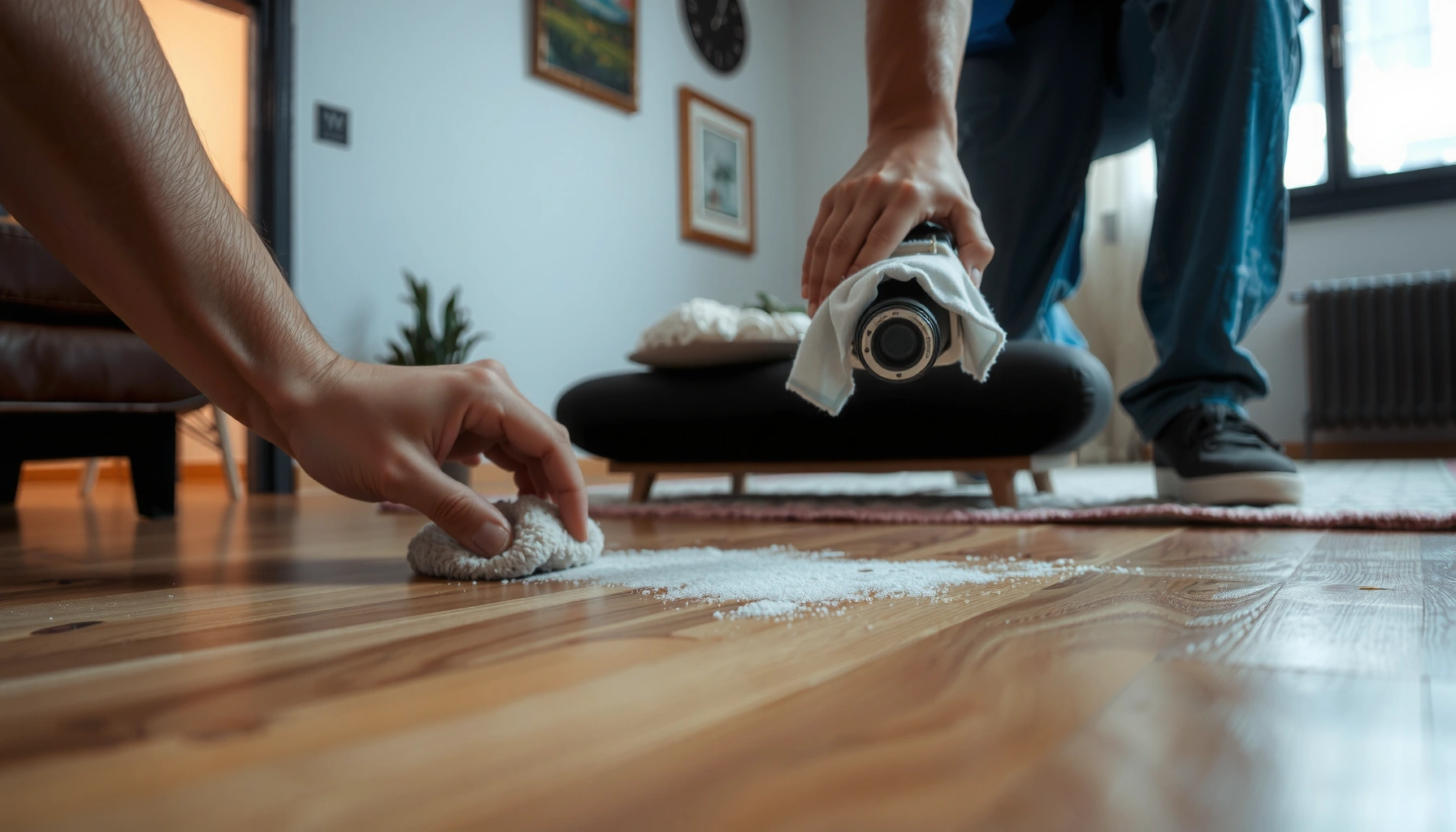 Step-by-step guide to fixing discoloration on hardwood floors with tools and techniques.