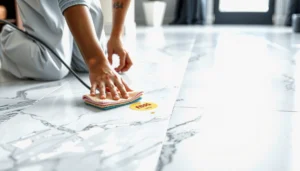 A person cleaning and restoring the shine of a marble floor to fix discoloration without damage.