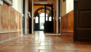 A person applying a cleaning solution to remove discoloration from terracotta floor tiles.
