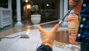 Step-by-step guide on fixing discoloration on outdoor floors with tools and techniques.