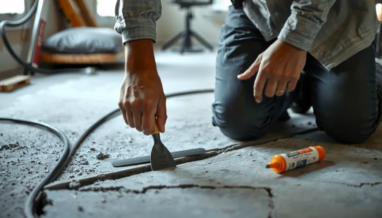 A homeowner repairing gaps in basement floors using practical steps and tools.