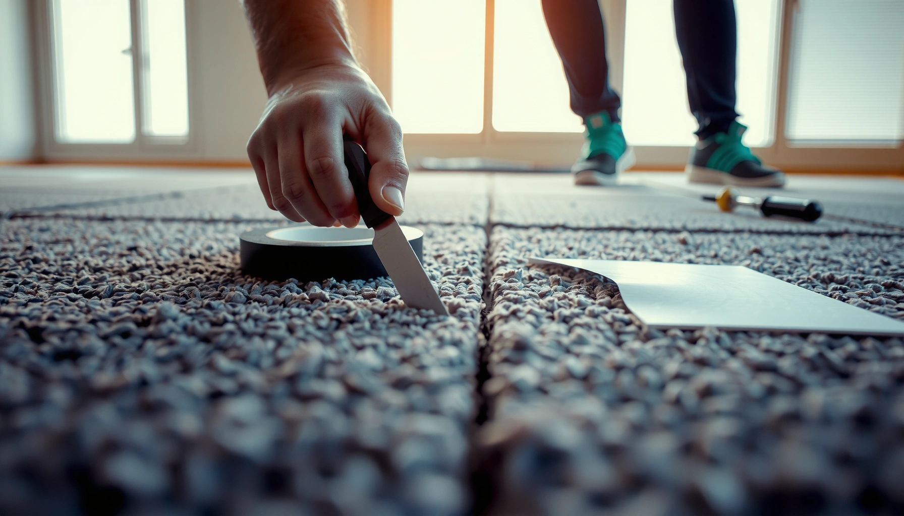 Step-by-step guide on fixing gaps in carpet tiles with tools and materials shown.