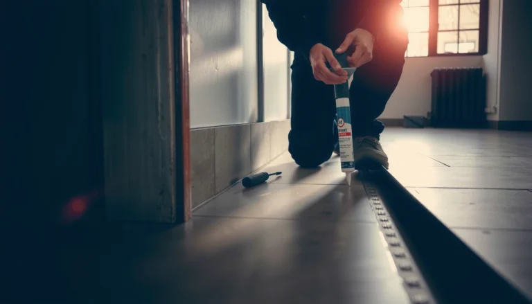 A professional repairing gaps in a commercial floor with tools and materials.