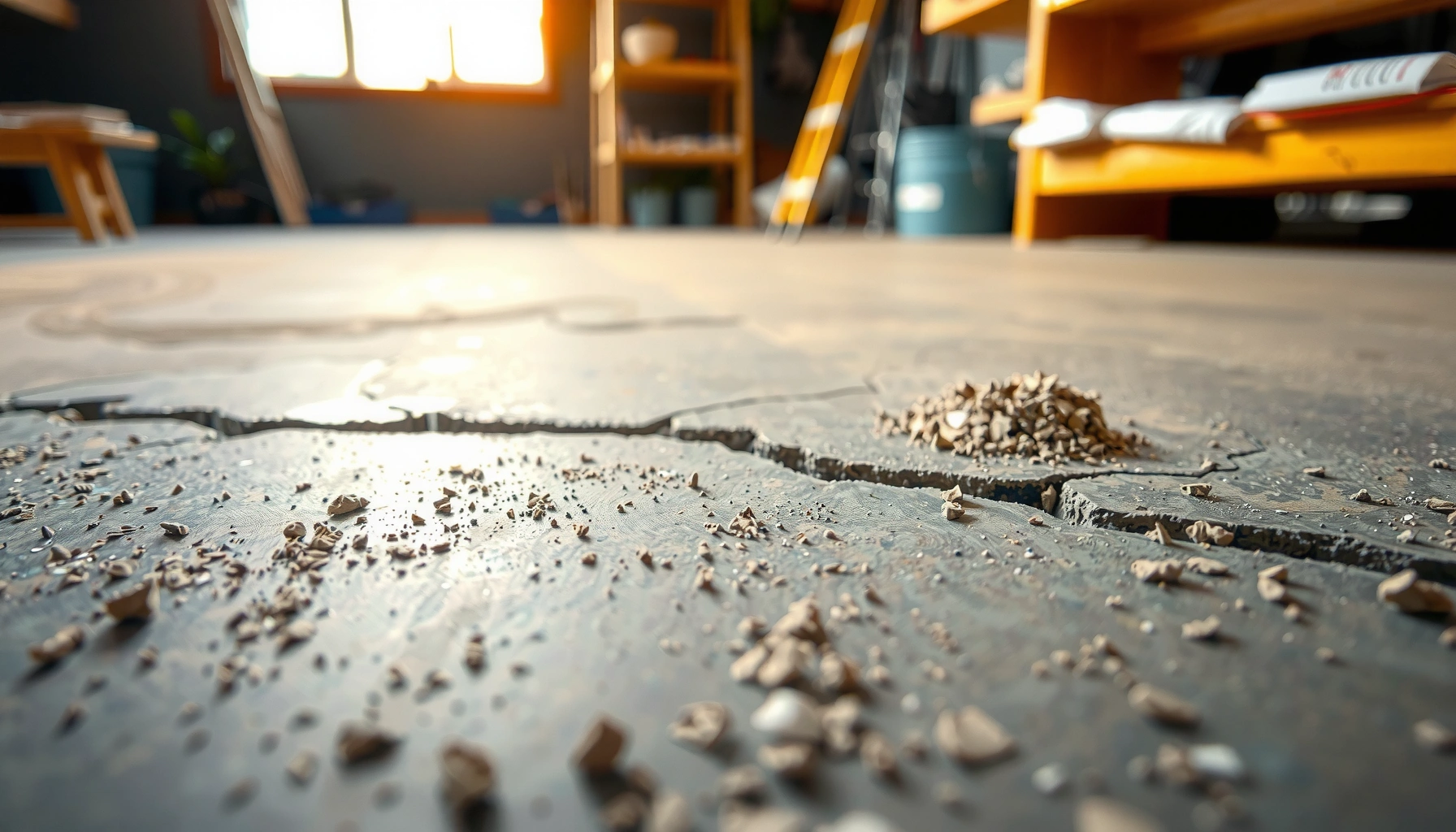 Step-by-step guide on fixing gaps in concrete floors with repair materials and tools.