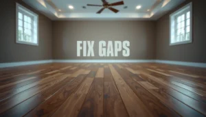 Step-by-step guide on fixing gaps in hardwood floors with tools and materials.