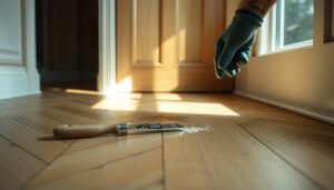 A close-up of a herringbone floor with visible gaps, illustrating how to fix them.