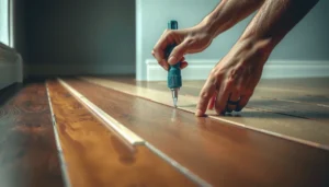 A close-up of laminate flooring showing gaps and tools for quick repair steps.
