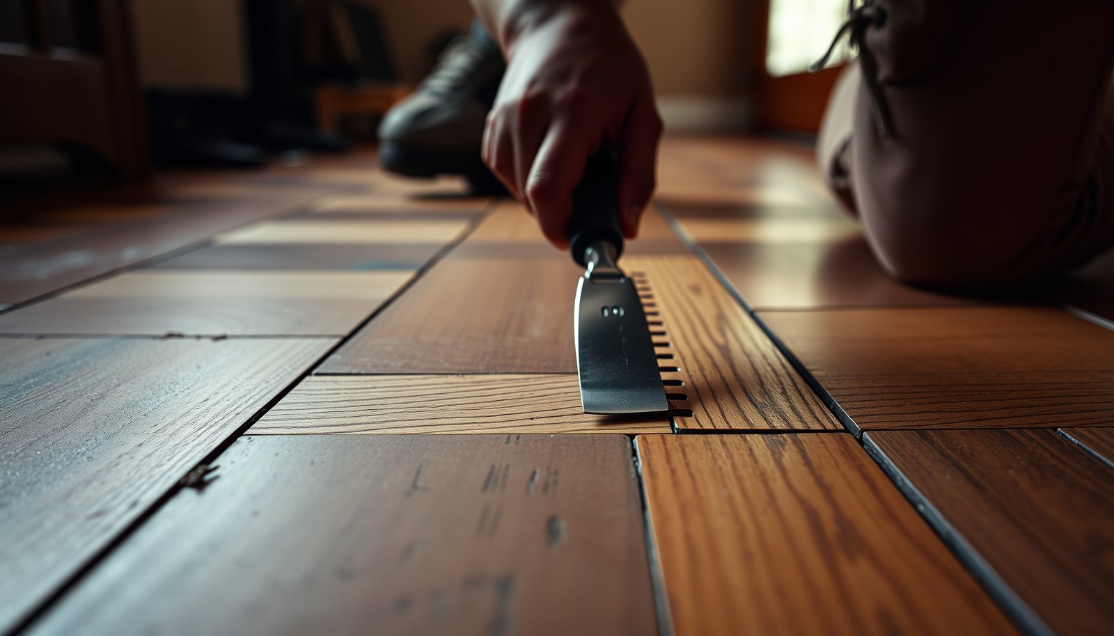 A person repairing gaps in parquet flooring using wood filler and tools.