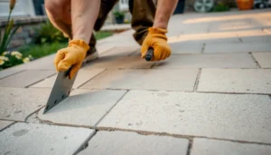 Step-by-step guide on fixing gaps in patio floors with tools and materials displayed.