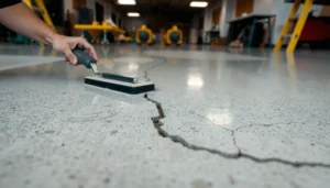 A close-up view of gaps in polished concrete floors being repaired with filler material.