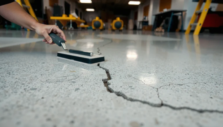 A close-up view of gaps in polished concrete floors being repaired with filler material.