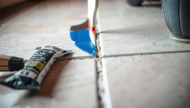 A close-up of tile floor gaps being repaired with grout and tools for quick fixes.