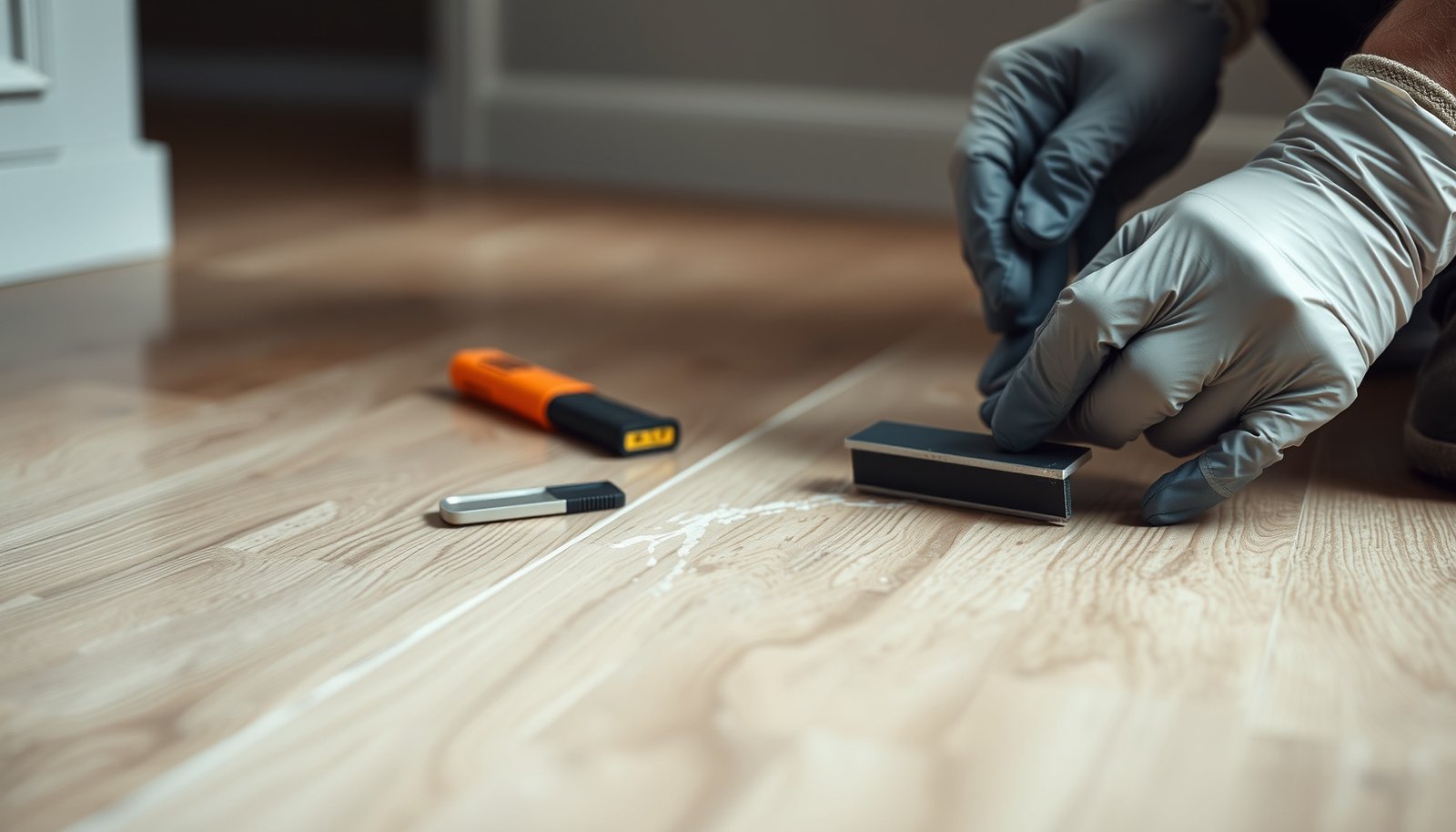 A close-up of wood-look tile flooring showing gaps that need fixing.