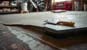 A garage floor showing lifting issues with tools for fixing common causes of floor lifting.