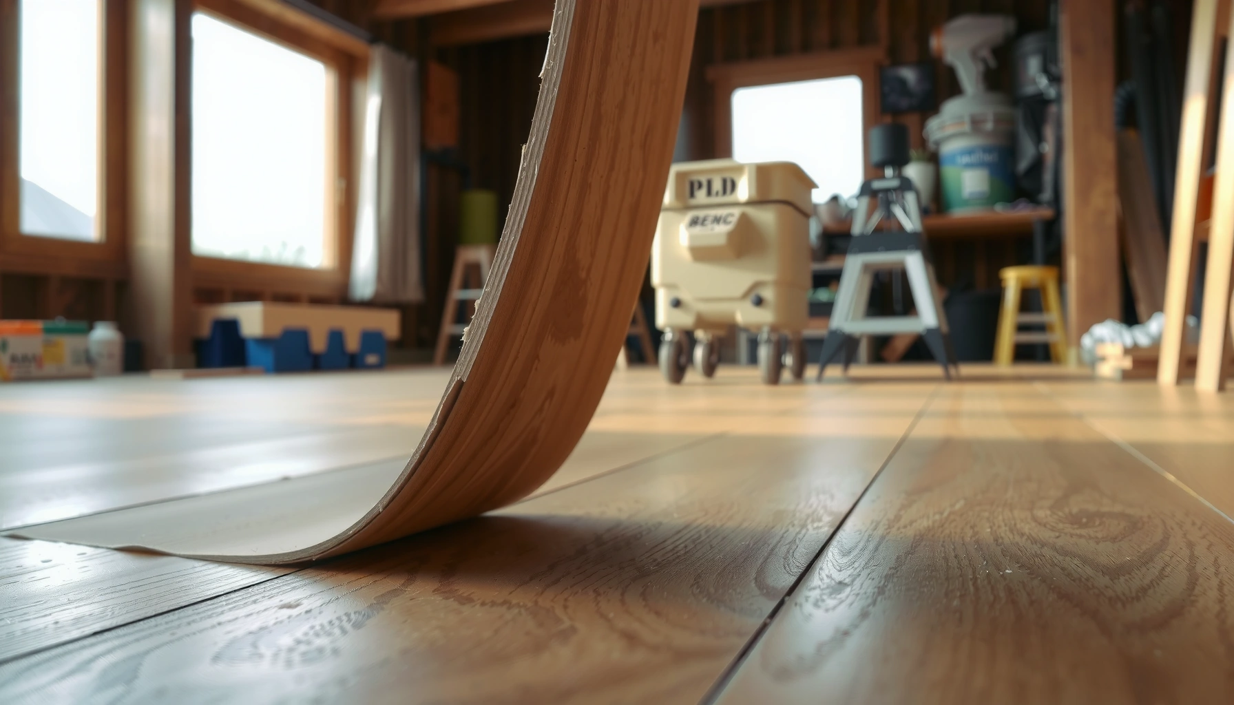 Step-by-step guide on fixing lifting issues in hardwood floors with tools and materials.