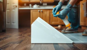 A person repairing lifting sections of a kitchen floor with tools and materials.