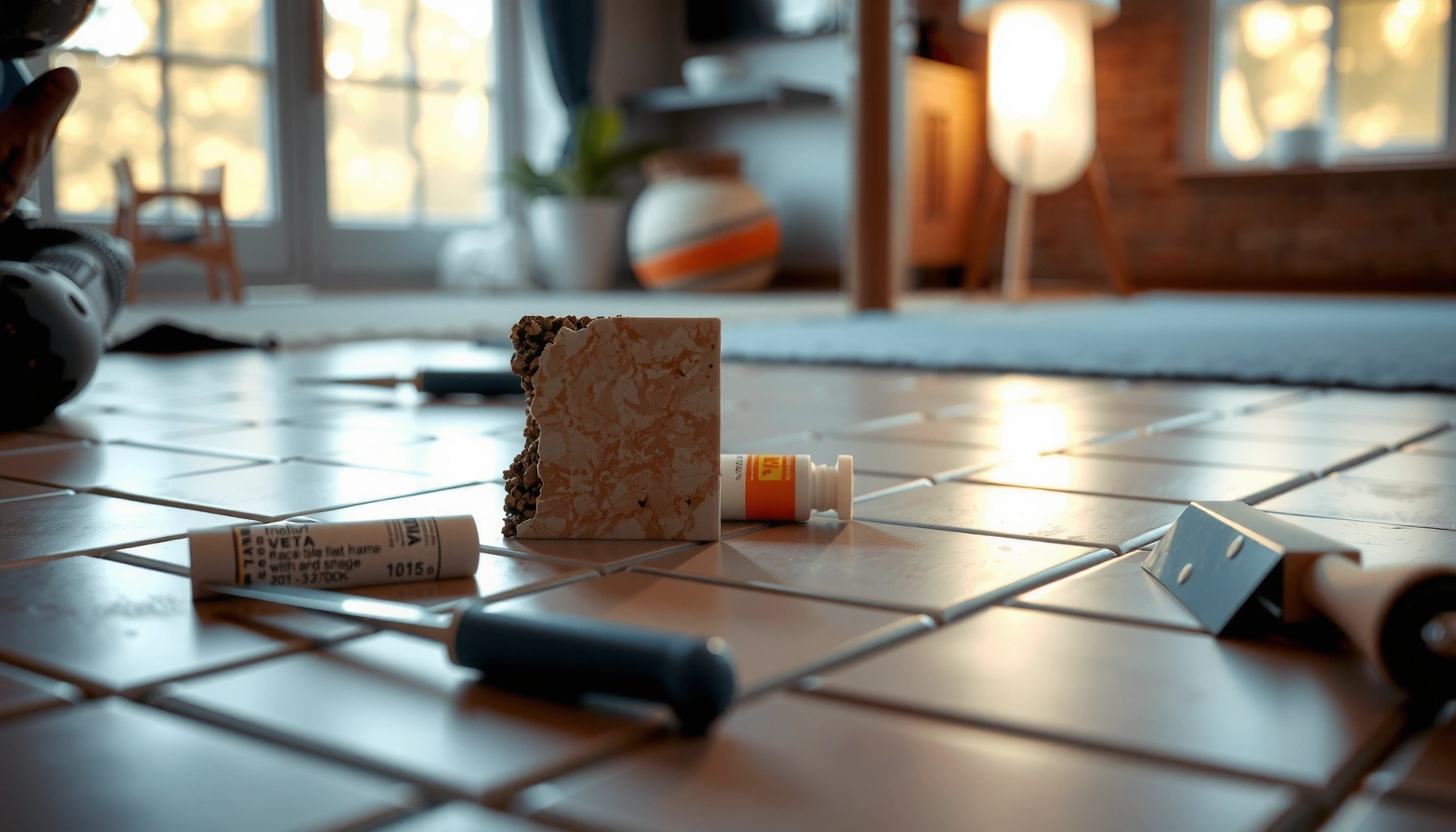 Step-by-step guide on fixing lifting mosaic tile floors with tools and materials.