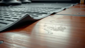 A person troubleshooting lifting issues on rubber flooring with tools and materials.