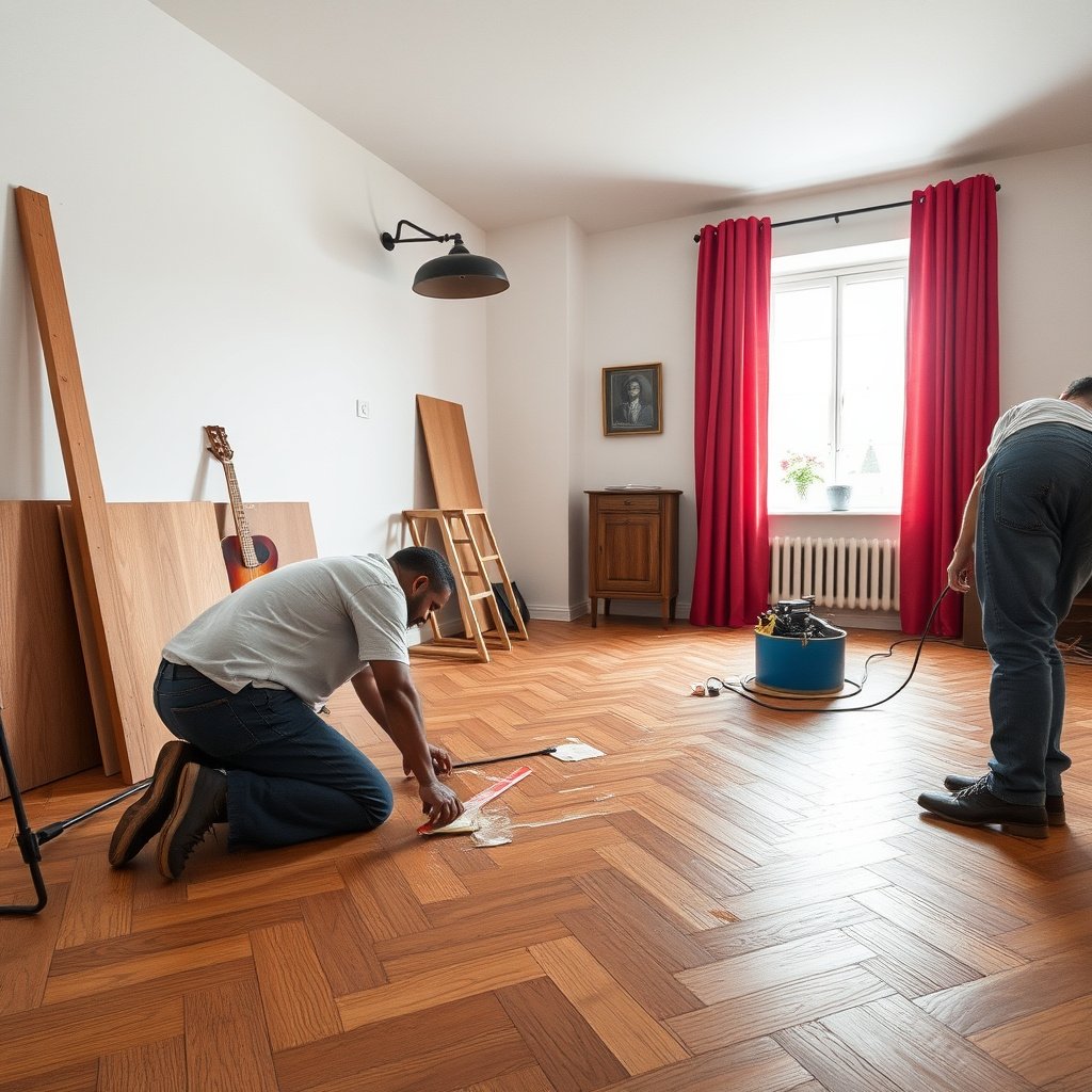 Image illustrating step 3 of removing medium scratches from herringbone floors.