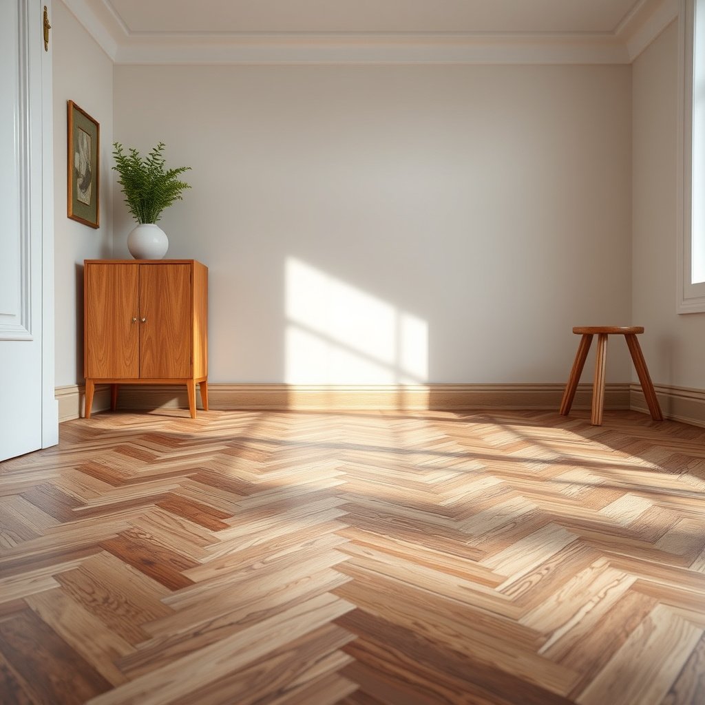Step 3 for fixing mild discoloration on herringbone floors, showing surface haze and light grime removal techniques.