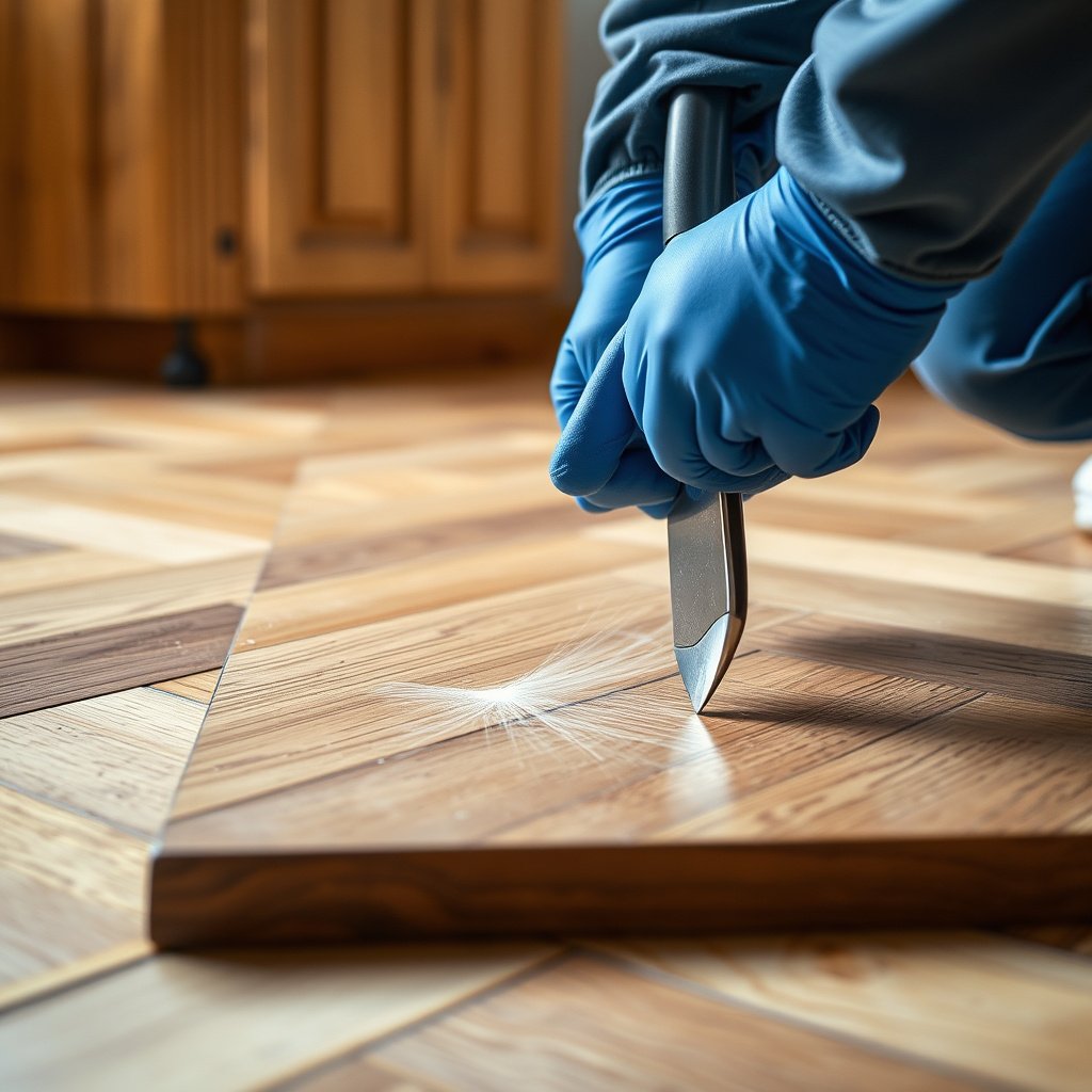 Applying repair solution to fix minor surface scratches and scuffs on herringbone floors