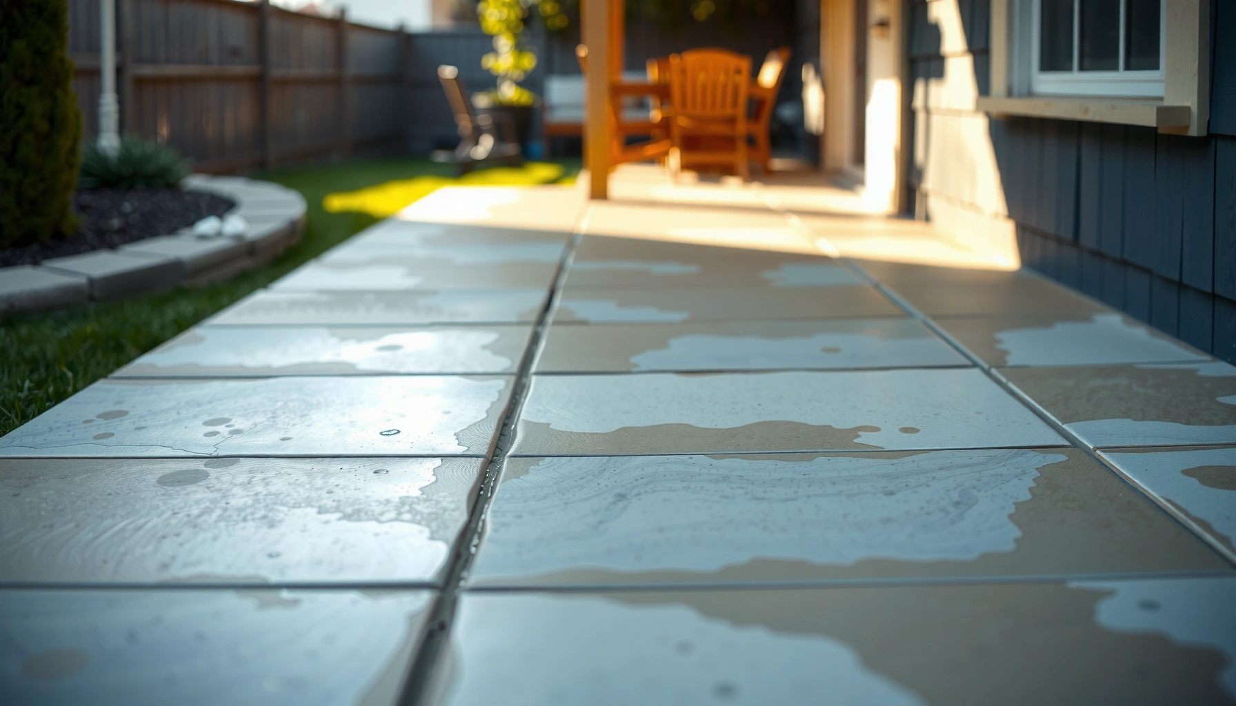 Step-by-step guide on fixing discoloration on patio floors with before and after images.