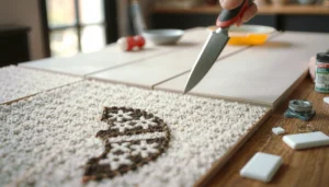 Step-by-step guide on fixing peeling carpet tiles with tools and materials shown.
