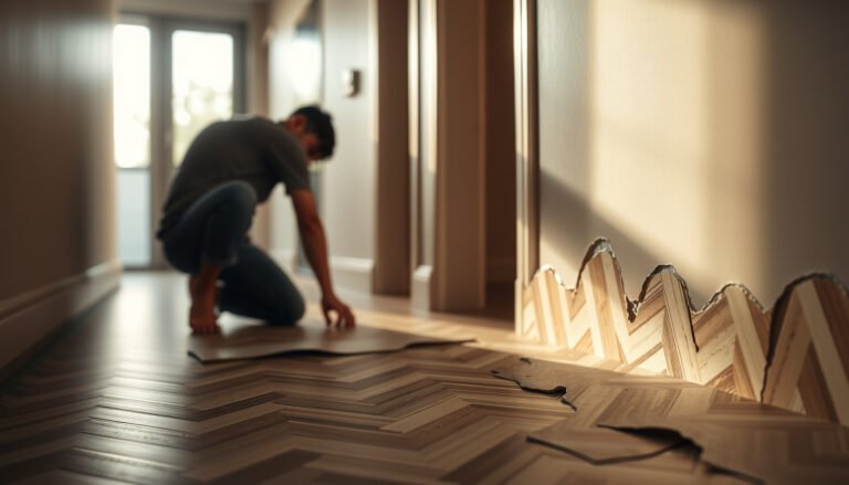 Step-by-step guide on repairing peeling chevron floors with tools and materials.