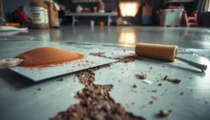 Step-by-step guide on fixing peeling concrete floors with tools and materials shown.