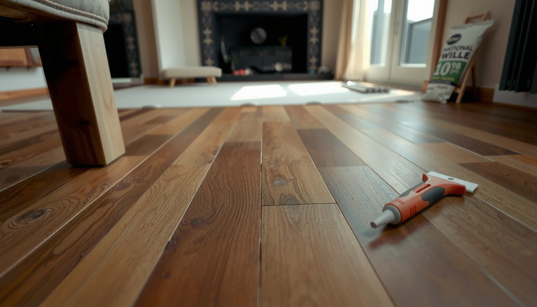 Steps to repair peeling on engineered wood floors with tools and materials.