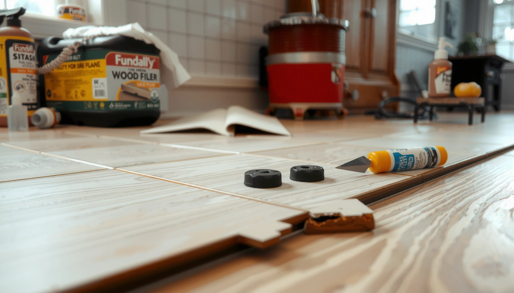Step-by-step guide on repairing peeling kitchen floors with tools and materials.
