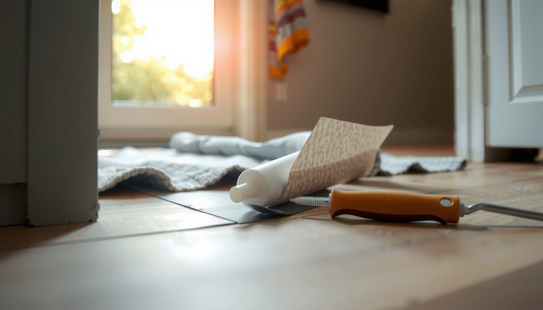 A person repairing peeling sheet vinyl floors with adhesive and tools, demonstrating practical steps.