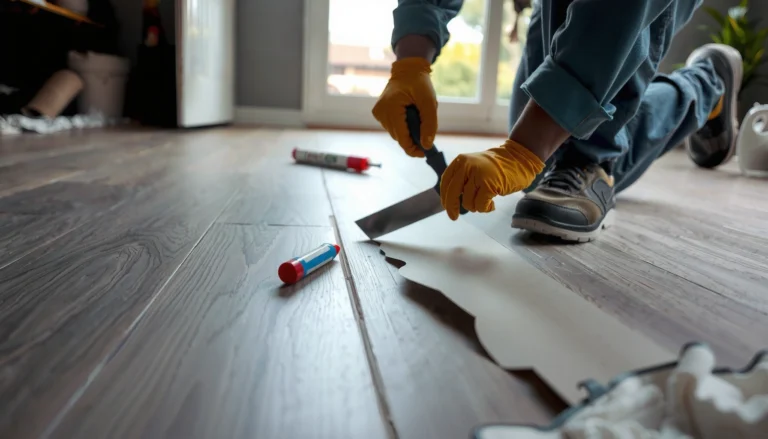 Step-by-step guide on repairing peeling vinyl floors with tools and materials shown.