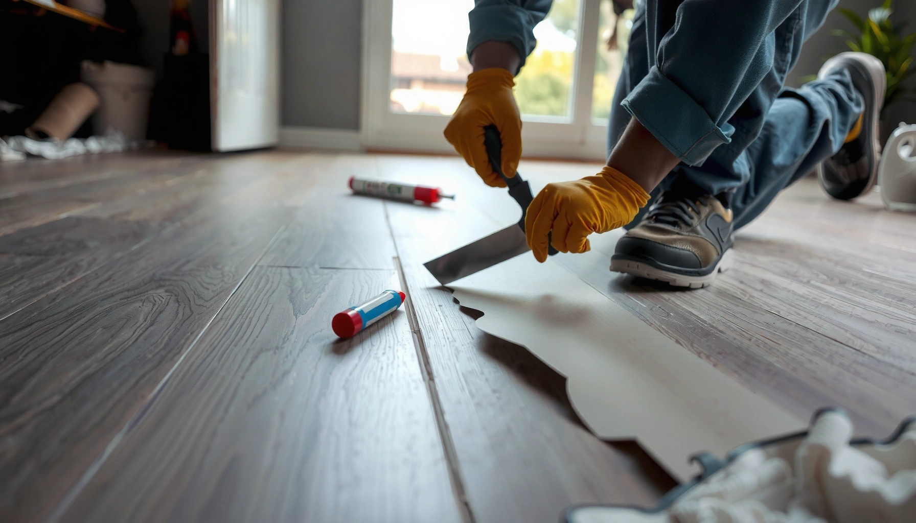 Step-by-step guide on repairing peeling vinyl floors with tools and materials shown.