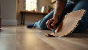 DIY steps for fixing peeling on wood-look tile floors with tools and materials.
