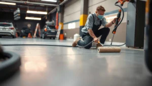 Steps to fix discoloration on polyaspartic floors, showcasing the repair process and tools used.