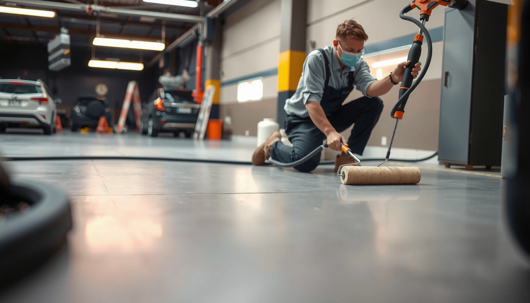 Steps to fix discoloration on polyaspartic floors, showcasing the repair process and tools used.