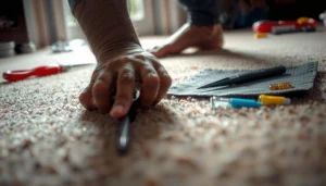 A person repairing scratches on carpet tiles using a patching technique.