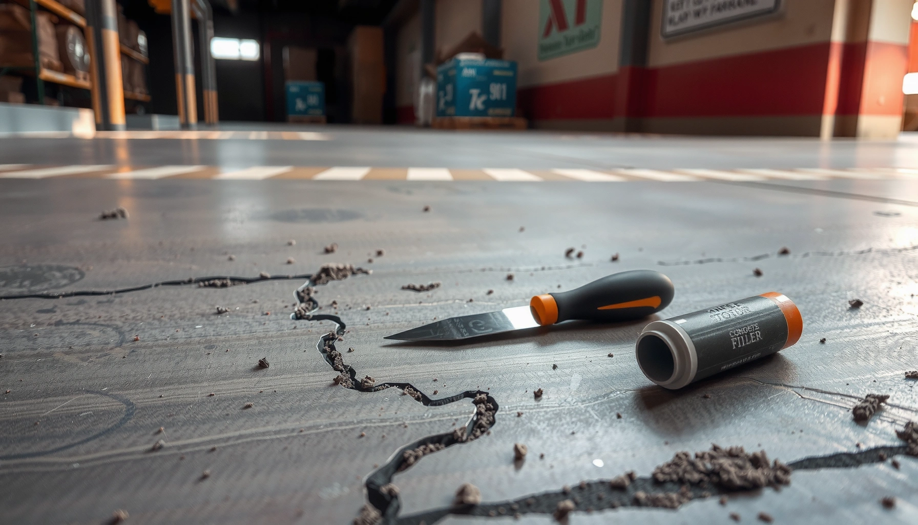 Step-by-step guide on fixing scratches on concrete floors with tools and materials.