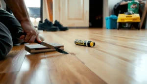 Step-by-step guide to repairing scratches on hardwood floors with tools and techniques.
