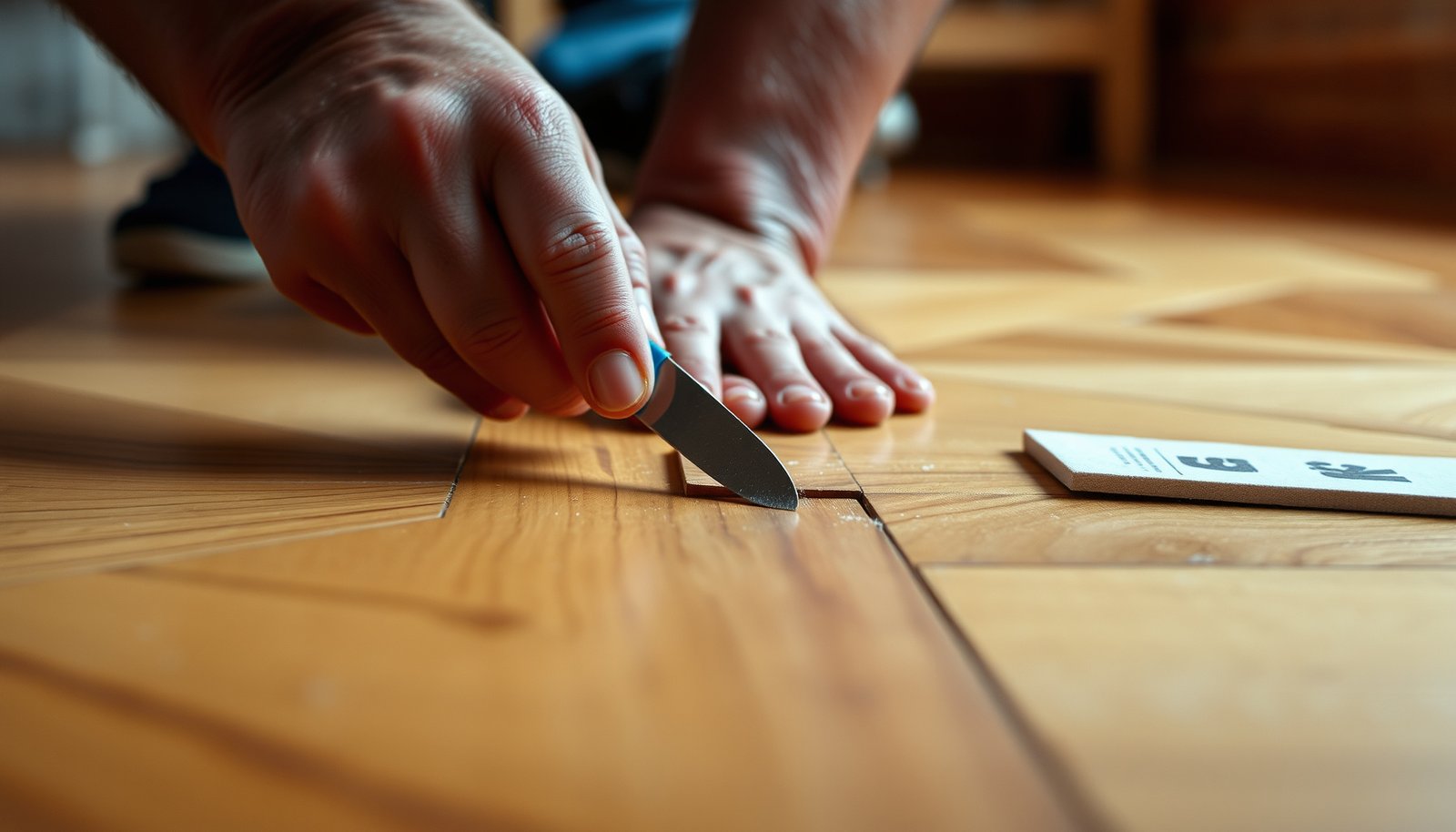 Step-by-step guide on fixing scratches on parquet floors with tools and materials.