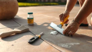Step-by-step guide on repairing scratches on patio floors with tools and materials.
