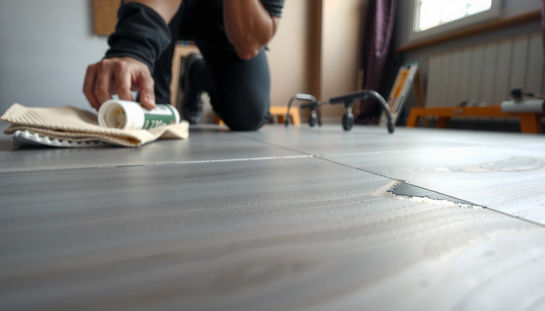 Step-by-step guide on fixing scratches on vinyl floors with tools and techniques.